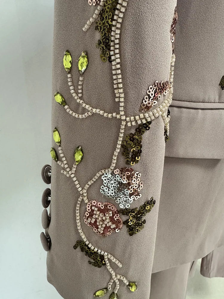 Autumn Luxury Two Piece Set Women Blazers Suit Coats Beaded 3D Flower Jacket Long Wide-Leg Pants Suits Crystal Formal Outfits