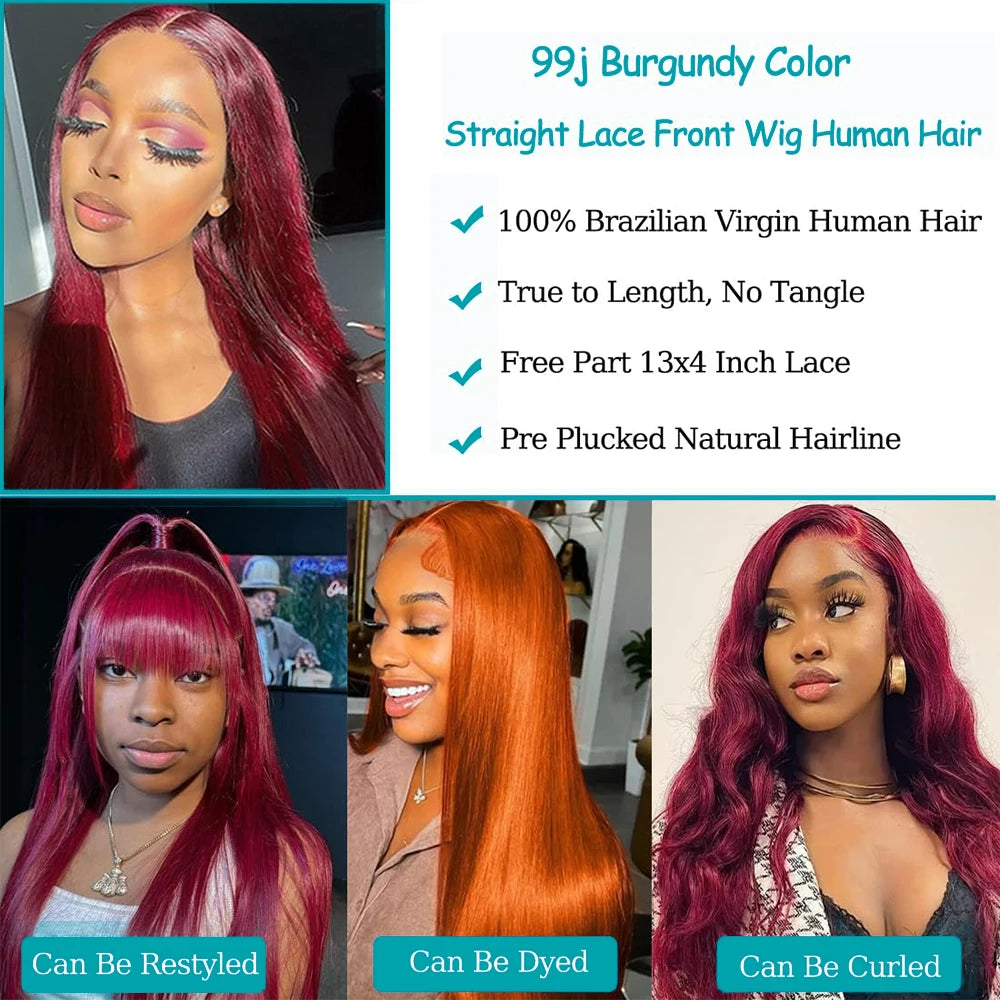99J Burgundy 13x6 Lace Frontal Wigs Human Hair 13x4 Straight Lace Front Wigs Pre Plucked Red Burgundy Wine Red Wigs for Women