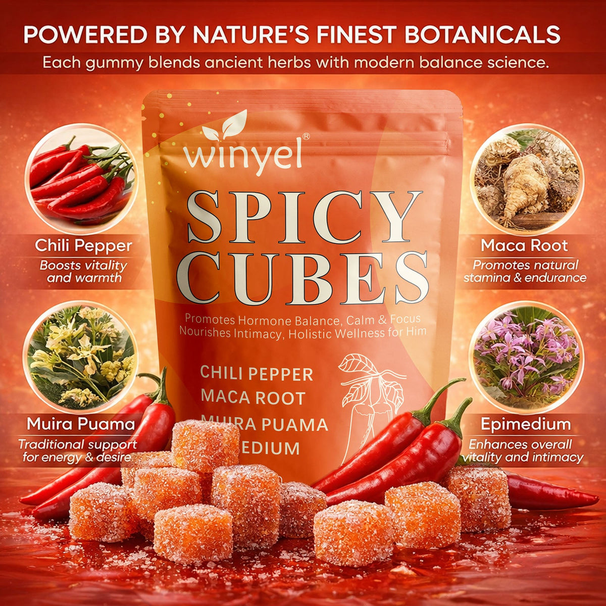 Spicy Cubes, Intimacy Gummies With Chili Pepper, Muira Puama, Maca