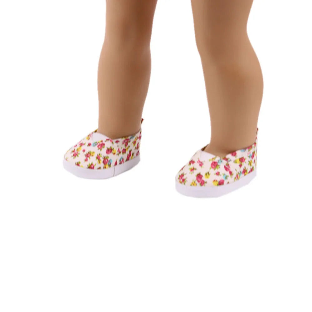 7Cm length Doll Shoes For 18 inch Girls American & 43Cm Baby New Born Doll Clothes Accessories Flowers/Bows Stamp Canvas Shoes