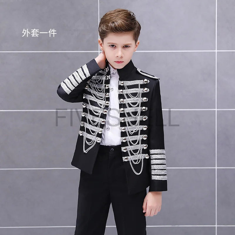 Medieval Steampunk Prince Blazer Costume Military Tassel Chains Cosplay Jacket Shoulder Pad Coat Pop Stage Dacing Tops for Kids