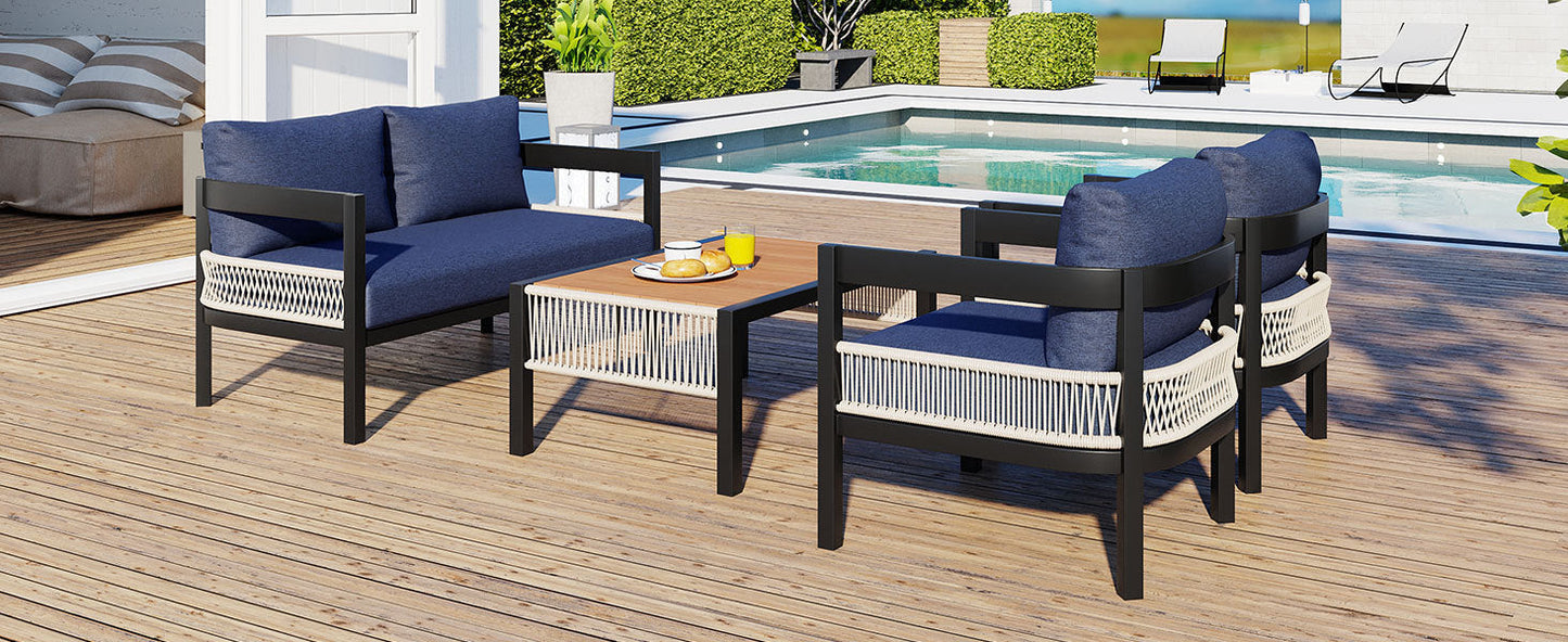Multi-person Outdoor Iron Sofa Set with Table, Rattan Decoration,