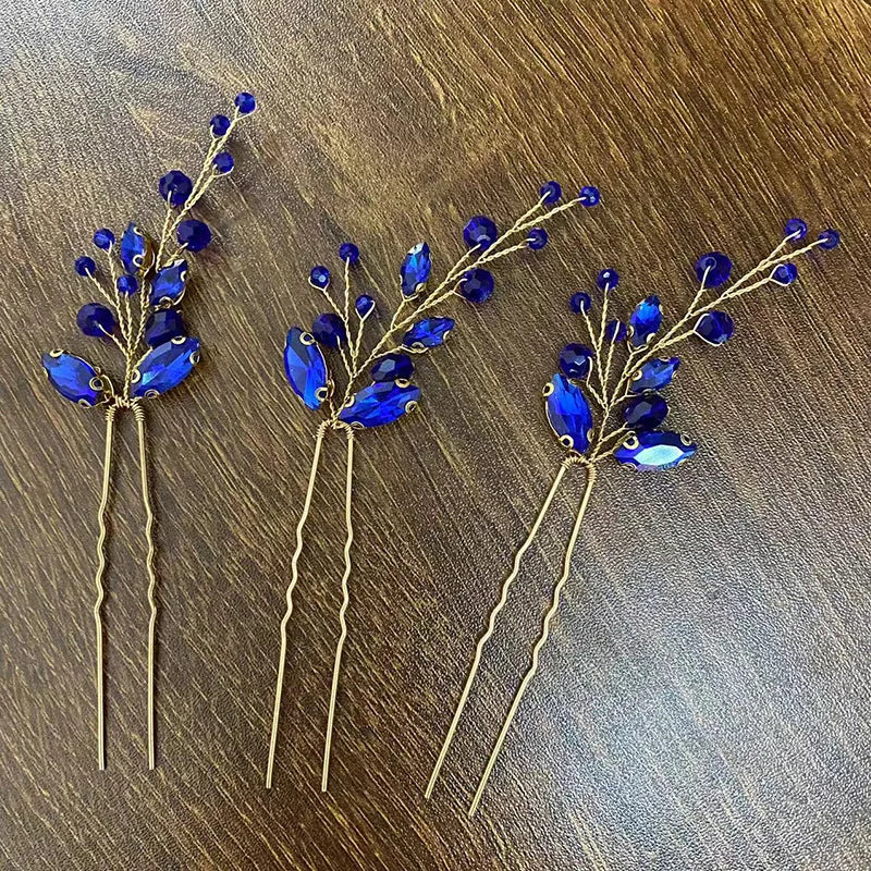 Blue Color Crystal Hair Pins Wedding Jewelry Accessories Head Decoration Bride Headdress Women Tiara Hair Bands Hair Vine