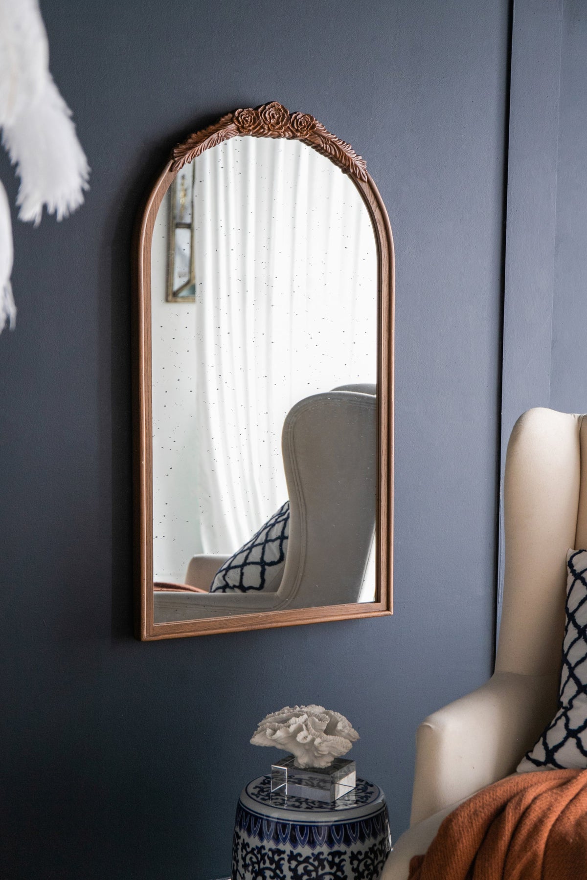 Hand-Carved Rose Arched Wall Mirror, Available in 2 Colors