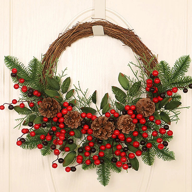 Christmas Rattan Wreath Pine Natural Branches Berries Pine Cones  Christmas Wreath Supplies Home Door Decoration For New Year's