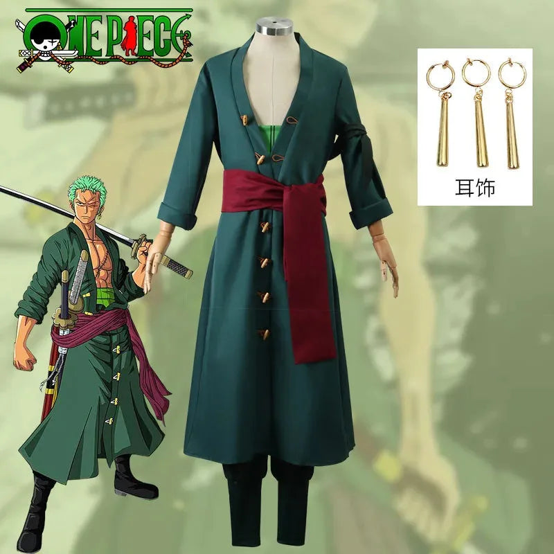 2025 ❤ New Anime Piece Pirate Cosplay Costume Roronoa Zoro Kostum Two Year Later Wig Earrings Black Green Coat Belt Pants ★★