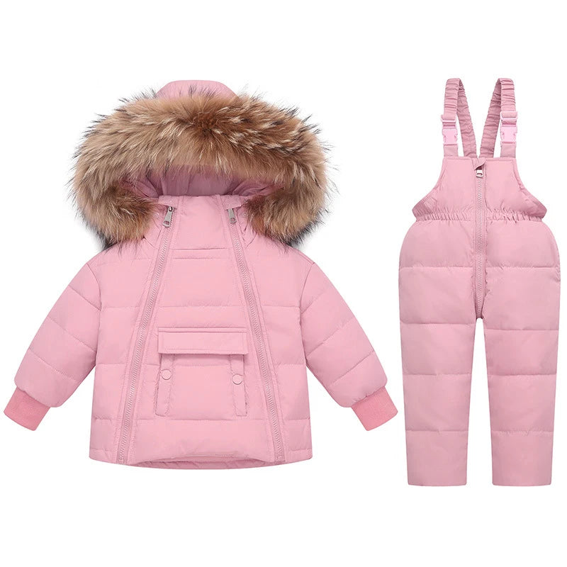 2024 Winter Children Girl 2PCS Clothes Set Hooded Real Fur Down Jacket For Boy 1-5 Years Kids Overalls Toddler Baby Girl Outfit
