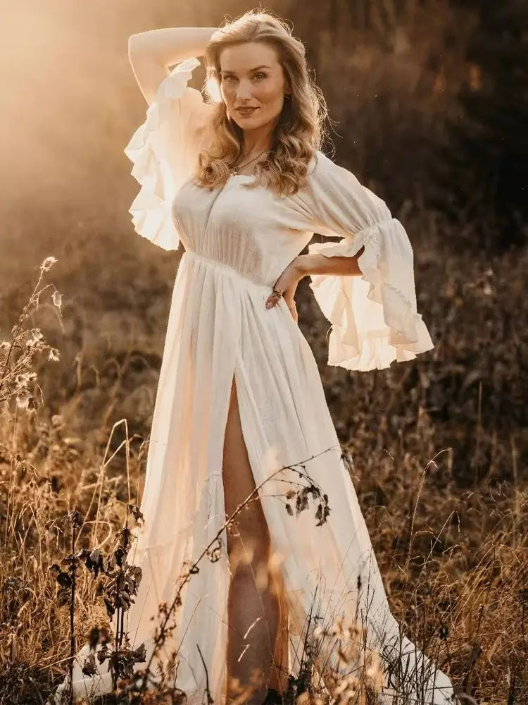 White Outfit Maternity Dress Photoshoot Long Sleeved Photography Baby Shower Dresses For Women Photo Shoot Clothes Babyshower