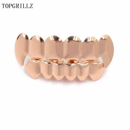 TOPGRILLZ New Fit Rose Gold Color Plated Hip Hop Teeth Grillz Caps Top&Bottom Grill Set for Christmas Party Vampire Tooth Grillz