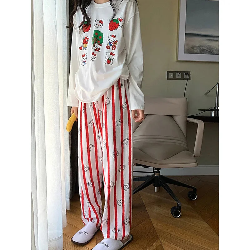Hello Kitty Cartoon Girl Long Sleeved T Shirt Home Clothes Set Anime Sanrio Print Kawaii Spring Autumn New Trousers Pajama Sweet
