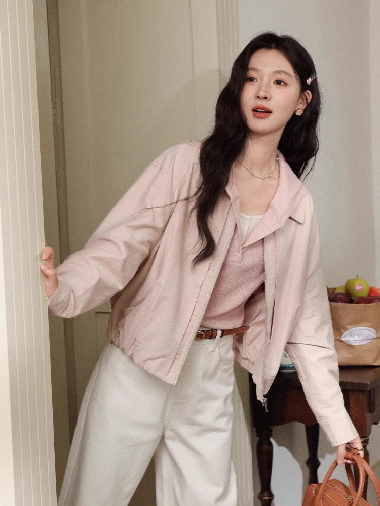 ALXNAN Women's Pink Lapel Jacket Short Coat New Autumn Edition with Gathered Hem Versatile Breathable Cotton Top L56722
