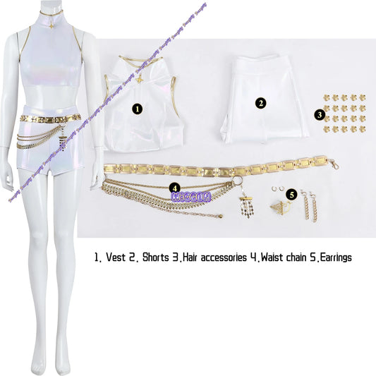 Demon Hunters Rumi Cosplay Kit - White Wig+Vest+Accessories Full Set | Huntrix Halloween Costume for Women & Teens