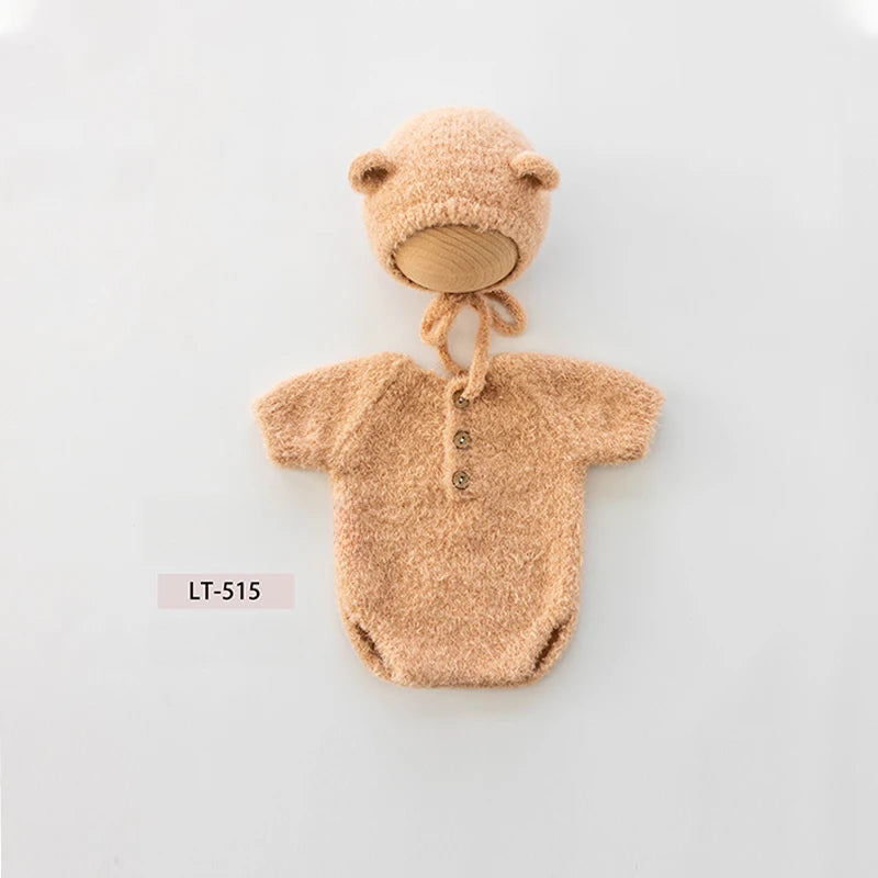 Newborn Photography Props Handmade Knitted Bear Clothes Costume Bodysuit with Hat and Cute Doll Set for Baby Studio Photo Shoot