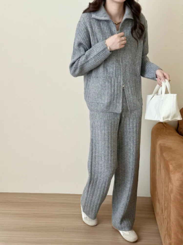 SMTHMA 2025 New Autumn Winter Zipper Turndown Collar Soft Knitted Sweater Two-Piece Set Casual Long Pants 2 Piece Outfits