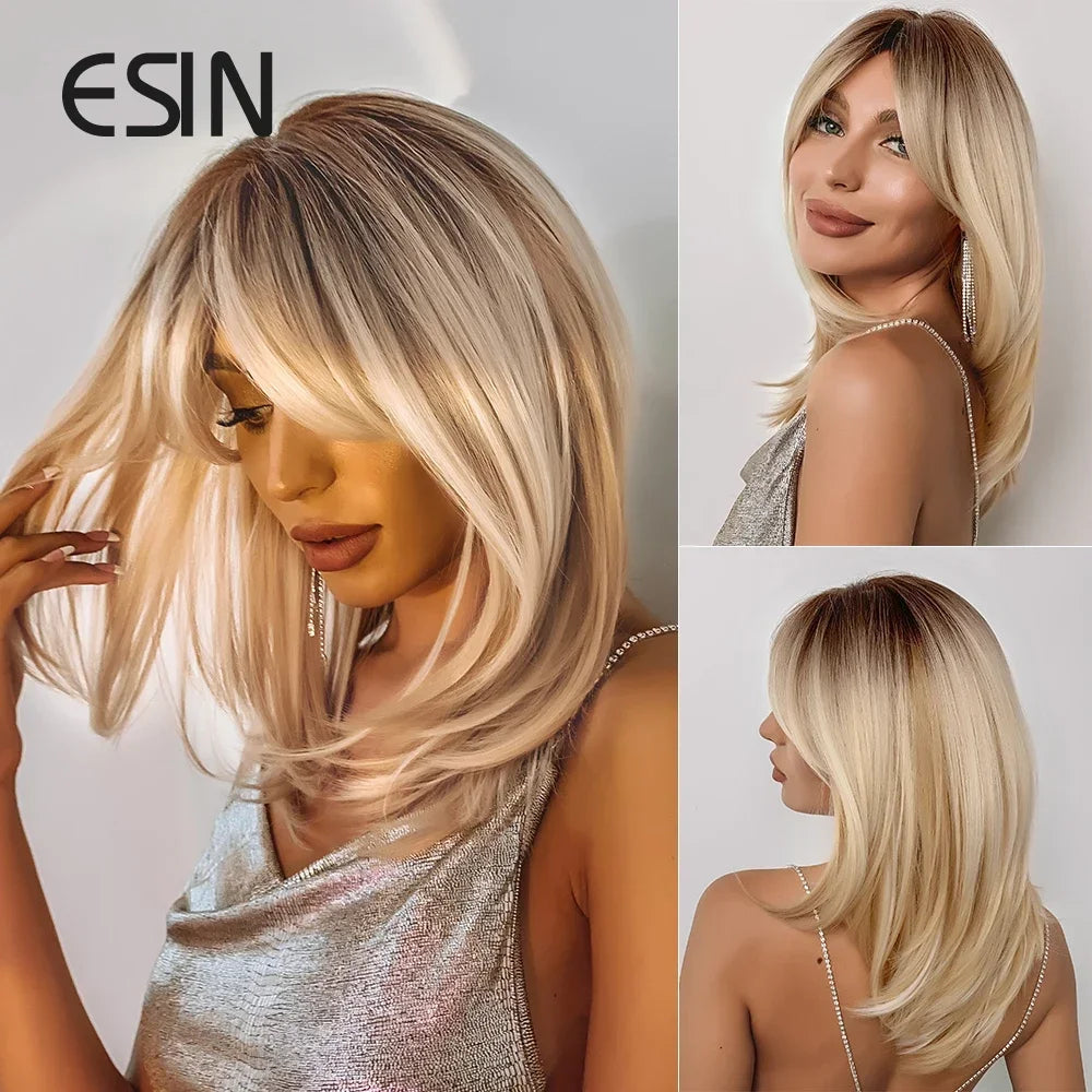 ESIN Synthetic Dark Brown Wig Long Wave Wigs for Women Hair Wig With Bangs Heat Resistant Party Daily Natural Use