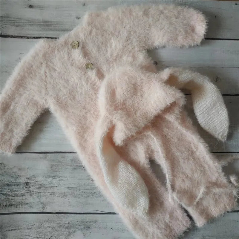2025Newborn fuzzy bunny romper for baby photography props,pink rabbit for photo clothes