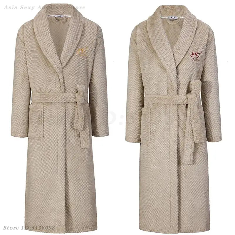 Winter New Couple Sleepwear Bathrobe Male Coral Fleece Yukata Nightwear Sexy Women's Home Clothes Flannel Absorbent Lingerie 3XL