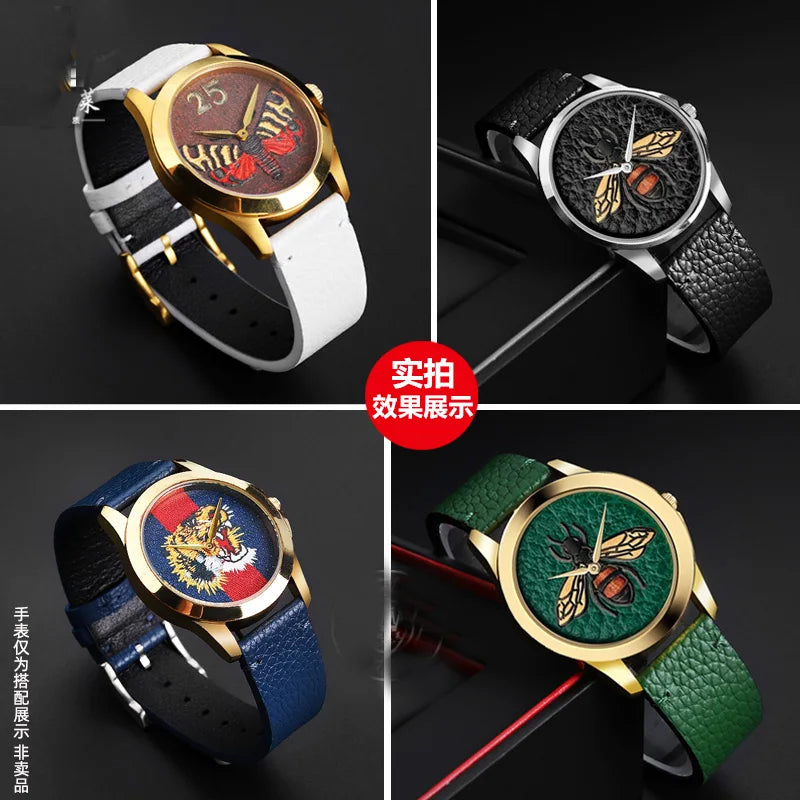 watch band For GUCCI YA1264065 Little Bee Embroidered Gucci Men's and Women's Green Genuine Lea/ther Watch Strap 20mm Bracelet