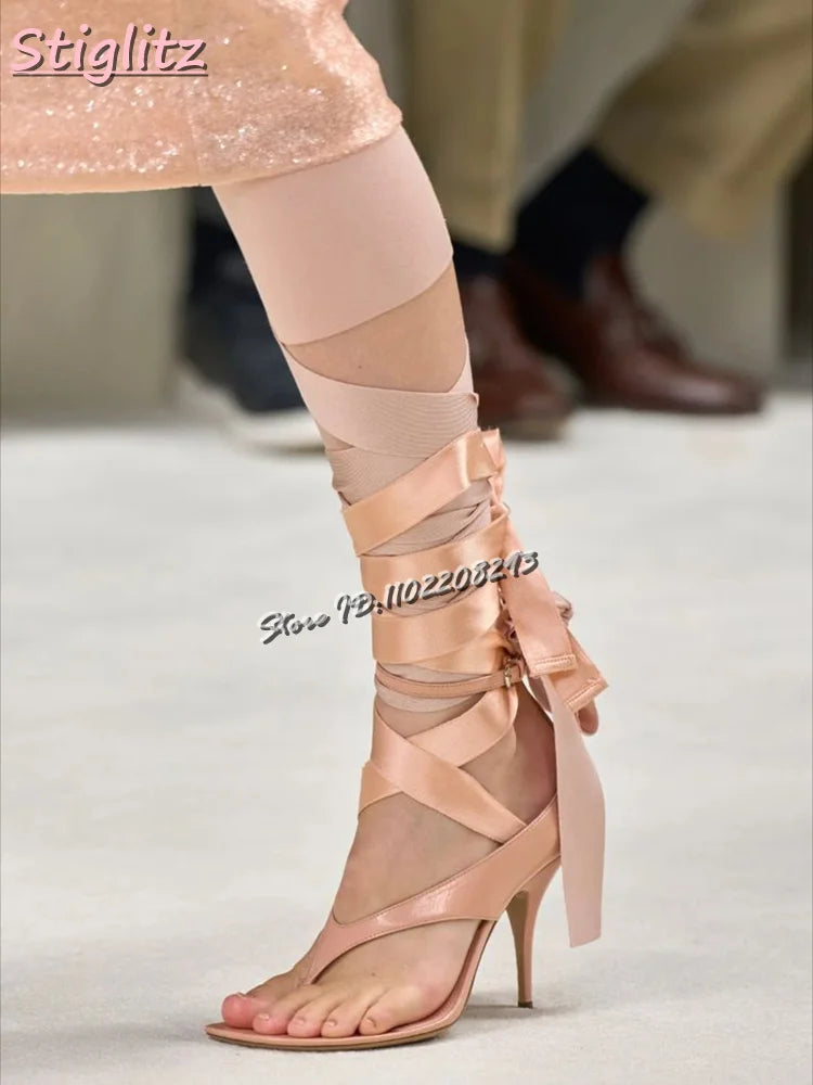 Silk Satin Cross-tied Sandals Clip-Toe Lace-up Flip-flop High Heels Riband Elegant Dress Shoes 2025 Summer New Fashion Women