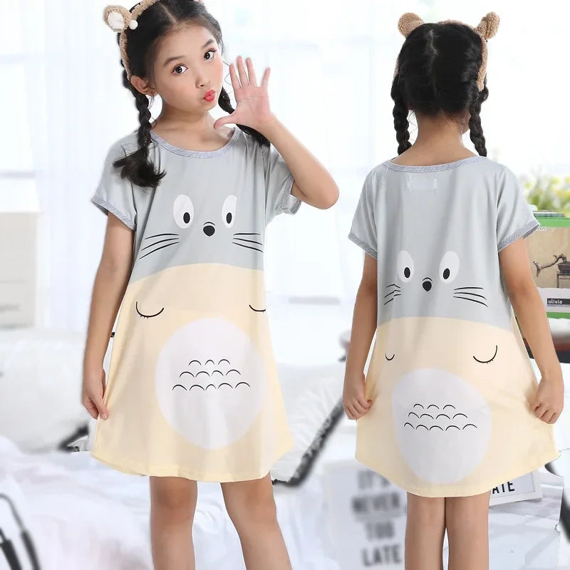 3-10Yrs Girls Dress Summer Kids Girls Cartoon Pajamas Teenager Night Dresses Baby Nightdress Children Clothes