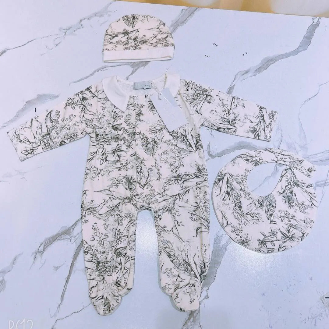 2024 new design Baby clothes newborn baby pure cotton jumpsuits full print forest baby girl rompers bib hat 3 pcs set