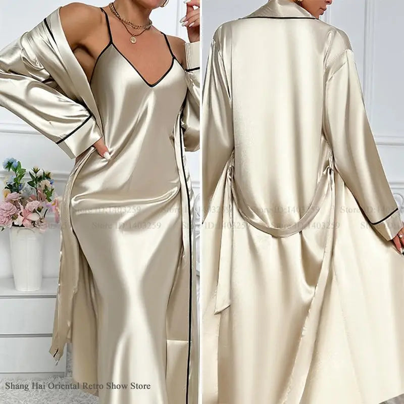 Sexy Long Twinset Robe Set Chemise Nightgown Women Nightwear Summer Silk Satin Home Dress Sleepwear Loose Lounge Wear Lingerie