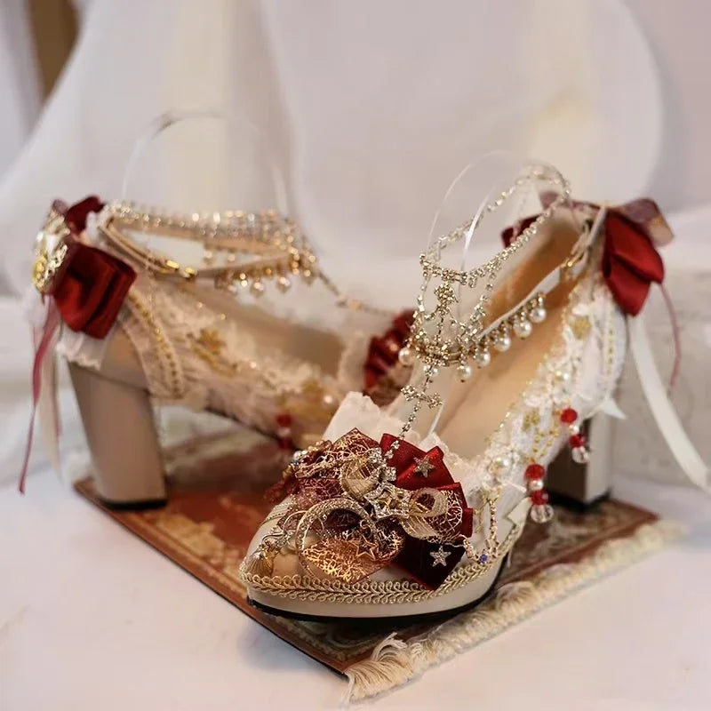2025 Original Handmade Lolita High Heels Mary Jane Princess Shoes Dress Dress Middle Heels Women Kawaii Wedding Shoes Bridal