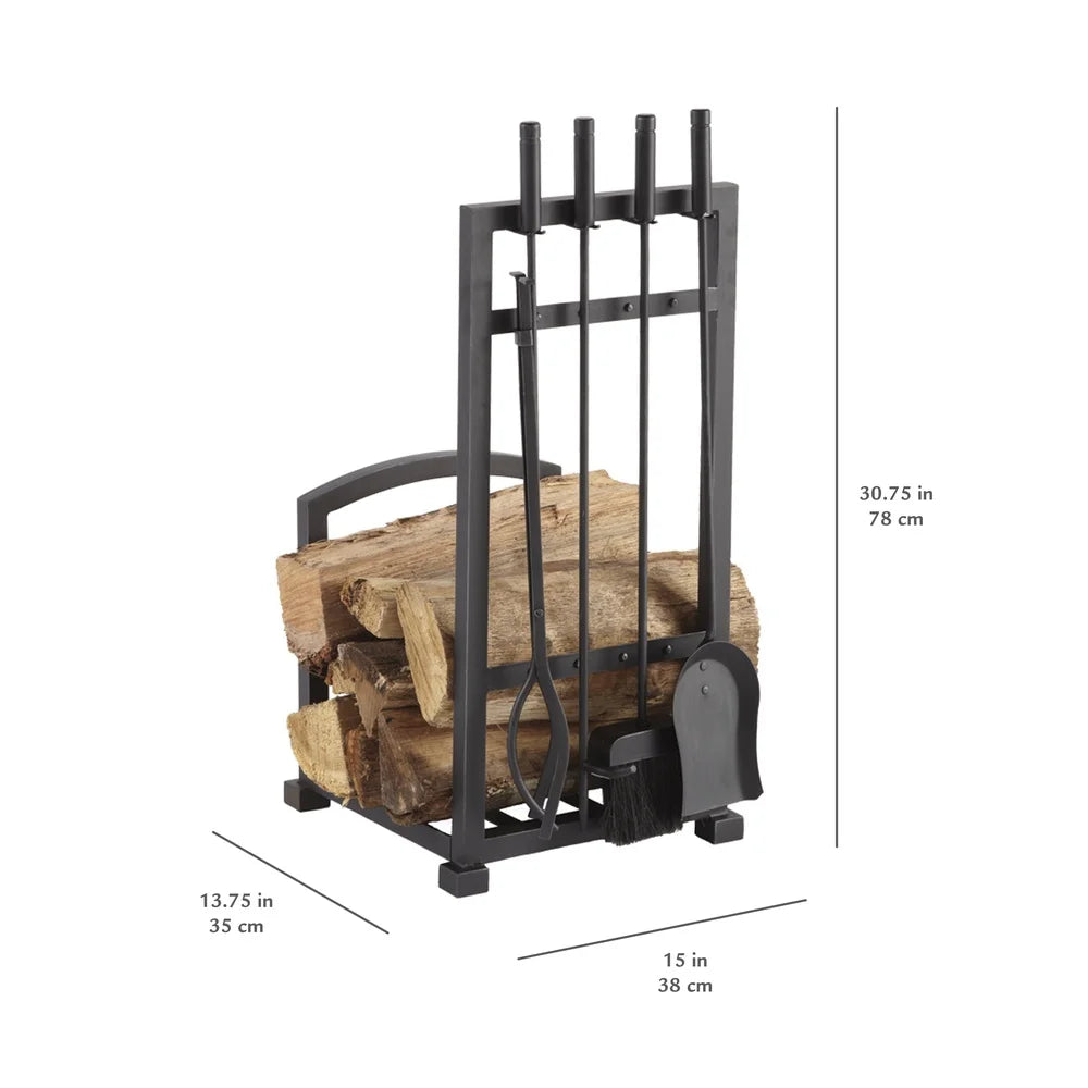 Steel Log Rack with 4 Piece Toolset Fireplace Accessories Black Powder Coat Finish Includes Poker Shovel Brush Tongs Heavy Duty