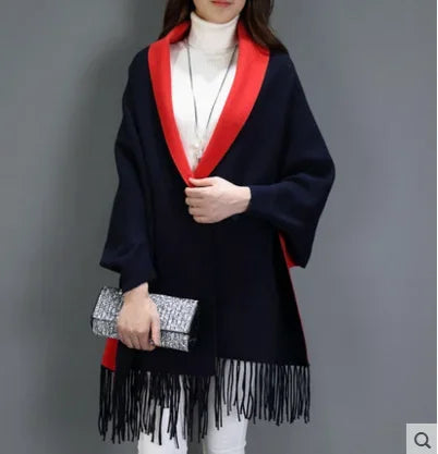 New Colors Black Women Outstreet Loose Knitwear Capes Solid Autumn Winter Knitted Batwing Sleeves Long Poncho Female Tassel Coat