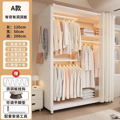 Premium Coat rack household floor-to-ceiling bedroom hanger dust-proof metal rack clothes rack assembly hole board wardrobe