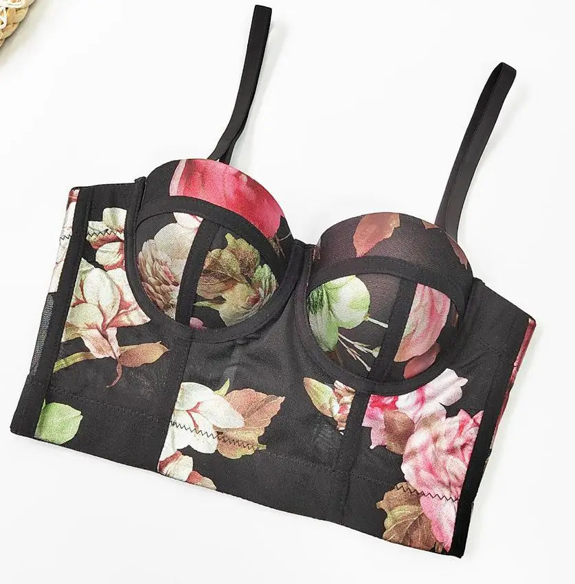 Women Sexy Floral printed Corset Tank Top Nightclub Party Short Chest Binder Camisole Girl Push Up Bustier Lady Bra Lingerie