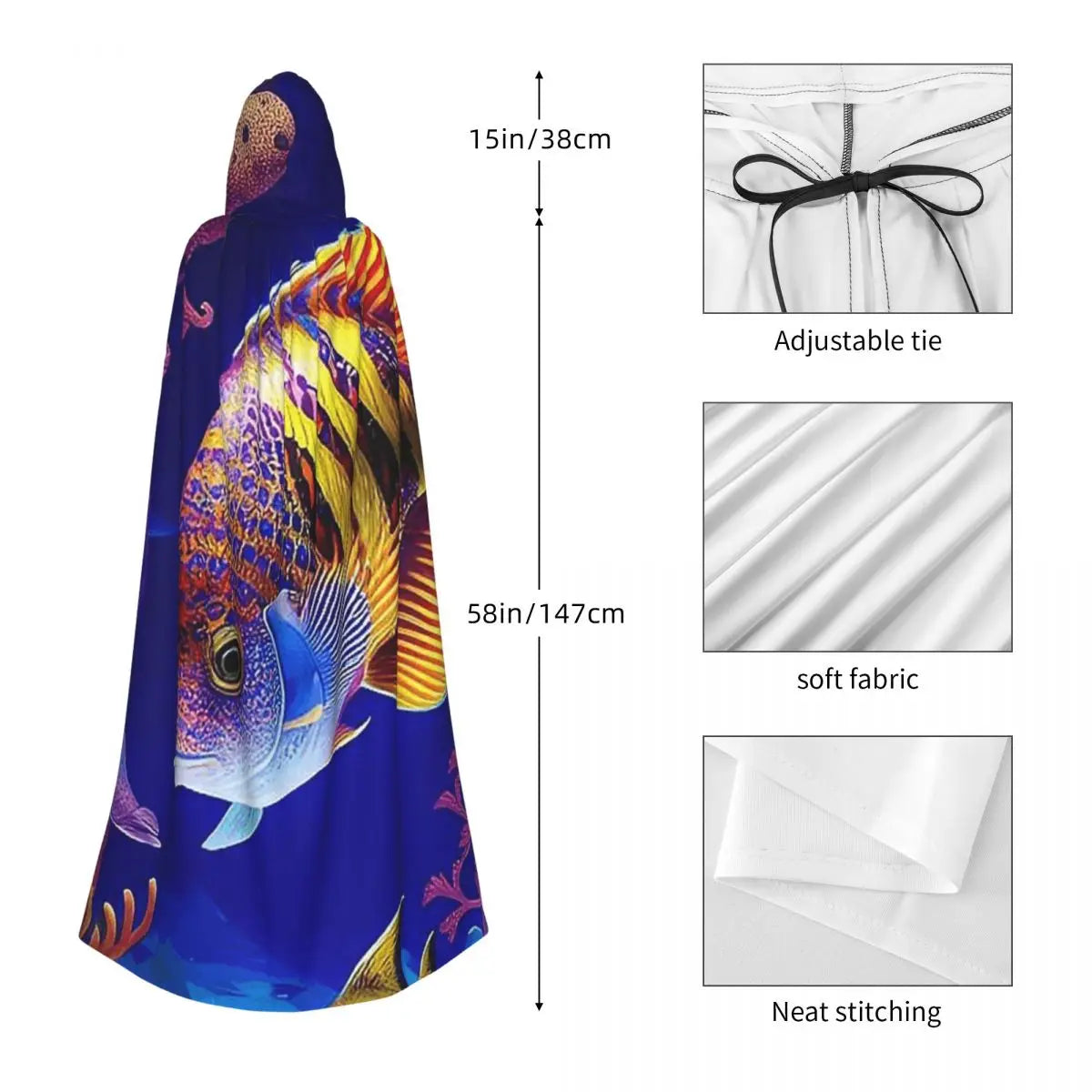 Colorful Fish In The Ocean Tropical Fish Long Hooded Cloak Witch Medieval Costume Cosplay Cape HalloweenCoat Adult Unisex