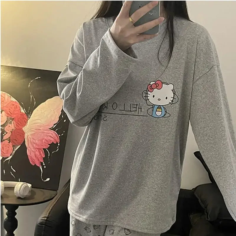 Hello Kitty Cartoon Girl Long Sleeved T Shirt Home Clothes Set Anime Sanrio Print Kawaii Spring Autumn New Trousers Pajama Sweet