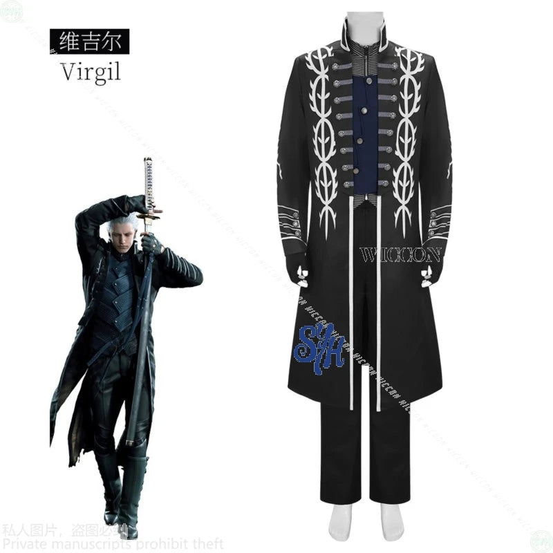 Game DMC5 Cosplay Vergil Anime Costume Demon Cos Cryy Long Black Punk Goth Coat Uniform Pants Jacket Vest Wigs Halloween Party