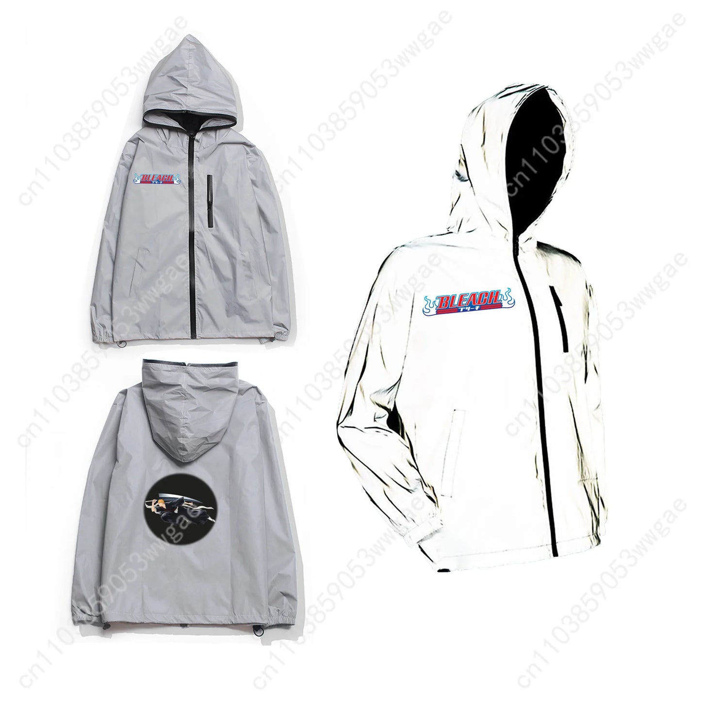 Bleach Reflective Jacket Mens Womens Coat Hooded Windbreaker Run Pocket Jackets Cycling Hiking Zipper Anime Personalized Hoodie