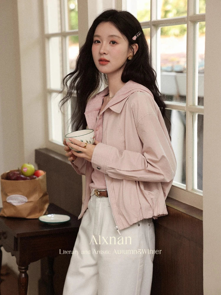 ALXNAN Women's Pink Lapel Jacket Short Coat New Autumn Edition with Gathered Hem Versatile Breathable Cotton Top L56722