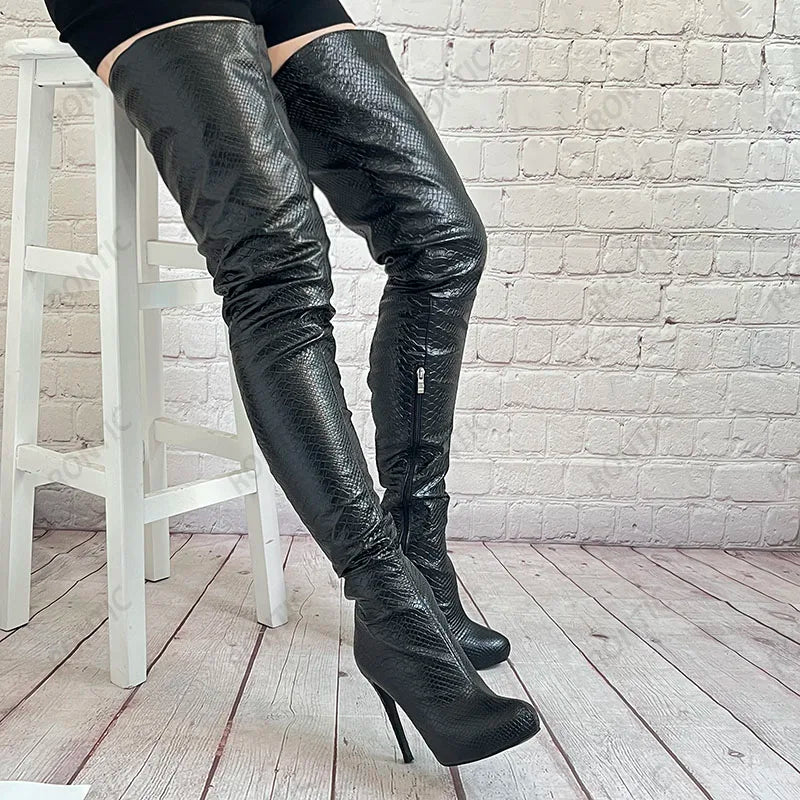 Rontic 2025 Women Winter Thigh Boots Platform Fish Scale Side Zipper Stiletto Heels Round Toe Black Ladies Shoes US Size 5-20
