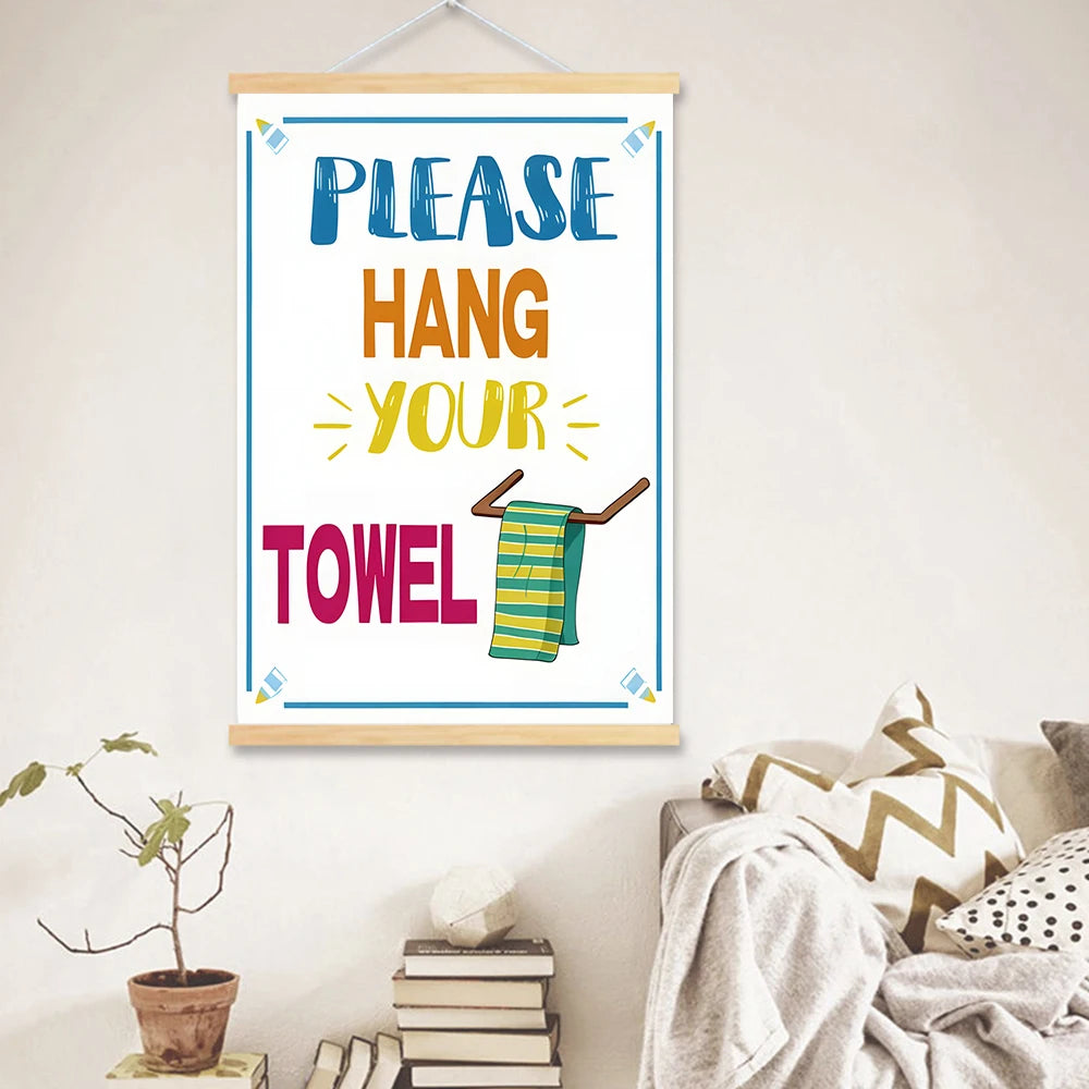 Solid Wood Hanging Scrolls Colorful Bathroom Quote Wall Art Prints - Brush Your Teeth, Flush The Toilet, Wash Your Hands Cardsto