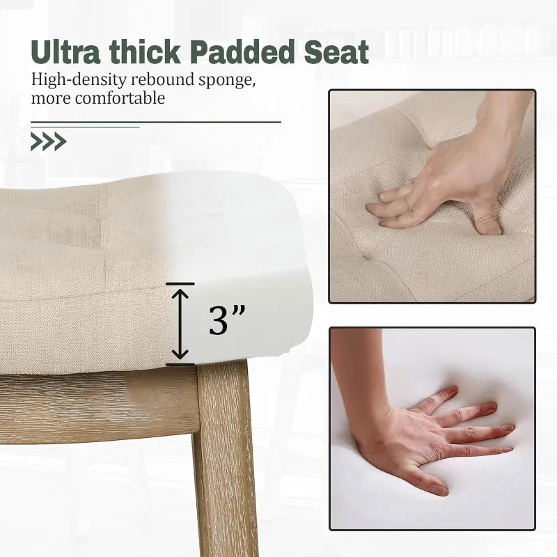 Counter Height Bar Stools Set of 3 for  Counter Farmhouse Modern Barstools Upholstered Fabric Backless Seat Khaki + Wood Color