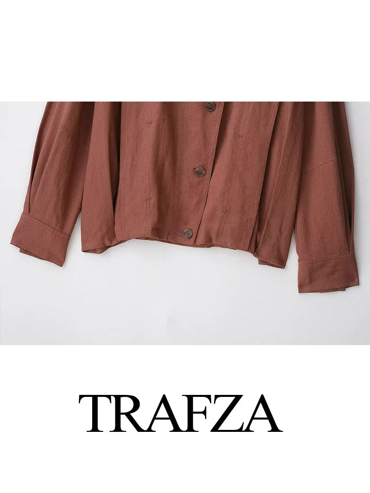 TRAFZA Female New Fashion Casual Jackets Solid O-Neck Long Sleeves Single-Breasted Women's Autumn Streetwear Style Coats