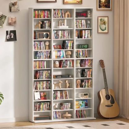 Tall Media Storage Cabinet Tower Bookcase for Living Room, MDF Wood, White, 7/9/11-Tier with 21/27/33 Compartments for Organize