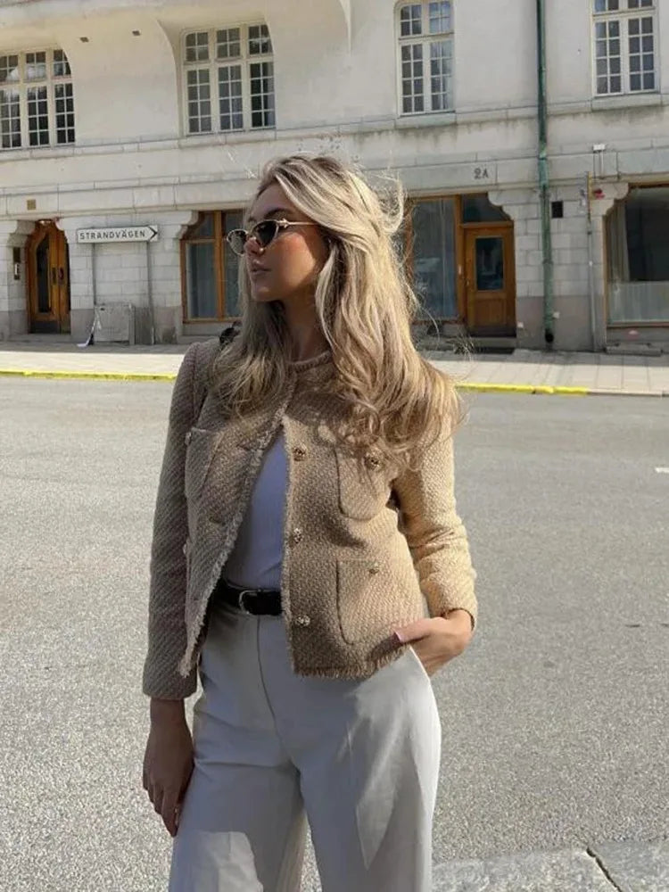 Women Elegant Tweed Cropped Jacket Autumn Button Frayed Long Sleeve Jackets 2024 Female Fashion O-neck Pocket Short Coats