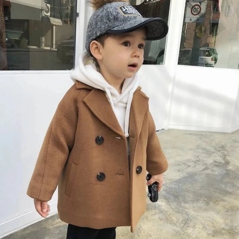 Baby Boy Girls Woolen Jacket Long Double Breasted Warm Infant Toddle Lapel Tweed Coat Spring Autumn Winter Baby Outwear Clothes