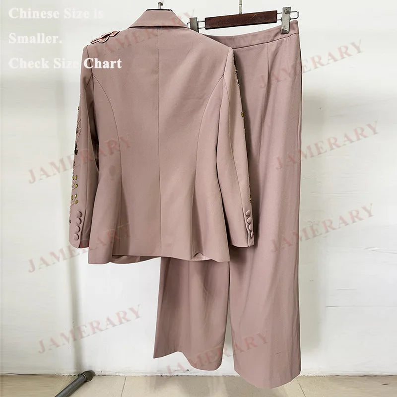 Autumn Luxury Two Piece Set Women Blazers Suit Coats Beaded 3D Flower Jacket Long Wide-Leg Pants Suits Crystal Formal Outfits