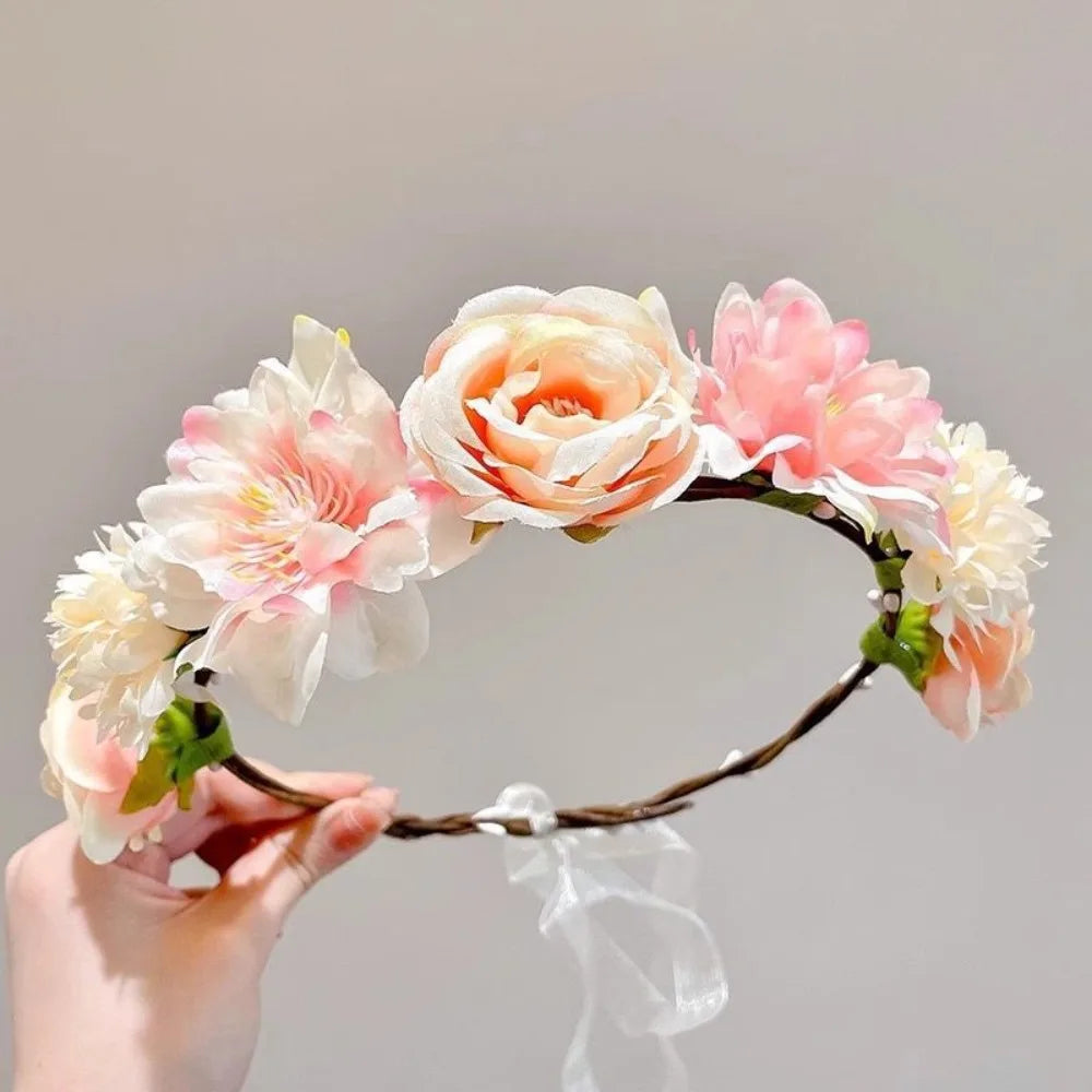 Fascinating Y2k Artificial Flower Fairy Flower Crown with Ribbon Headpiece Flower Headbands Bride Wedding Braided Wreath Women