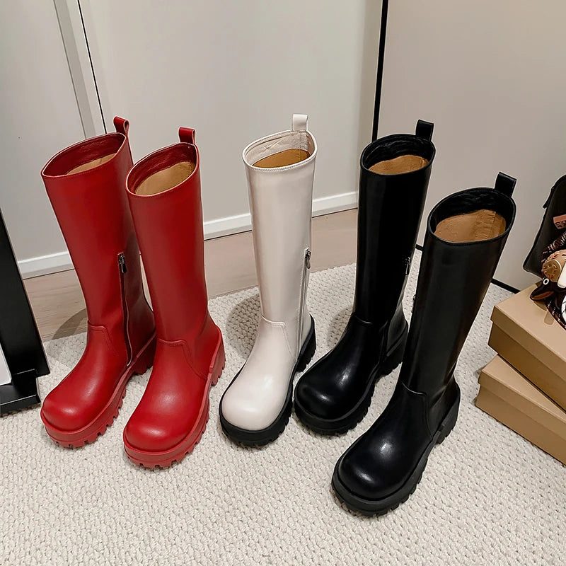 2025 New Platform Women Riding Boots Genuine Leather Knee-high Modern Rain Boots Outdoor Party Shoes