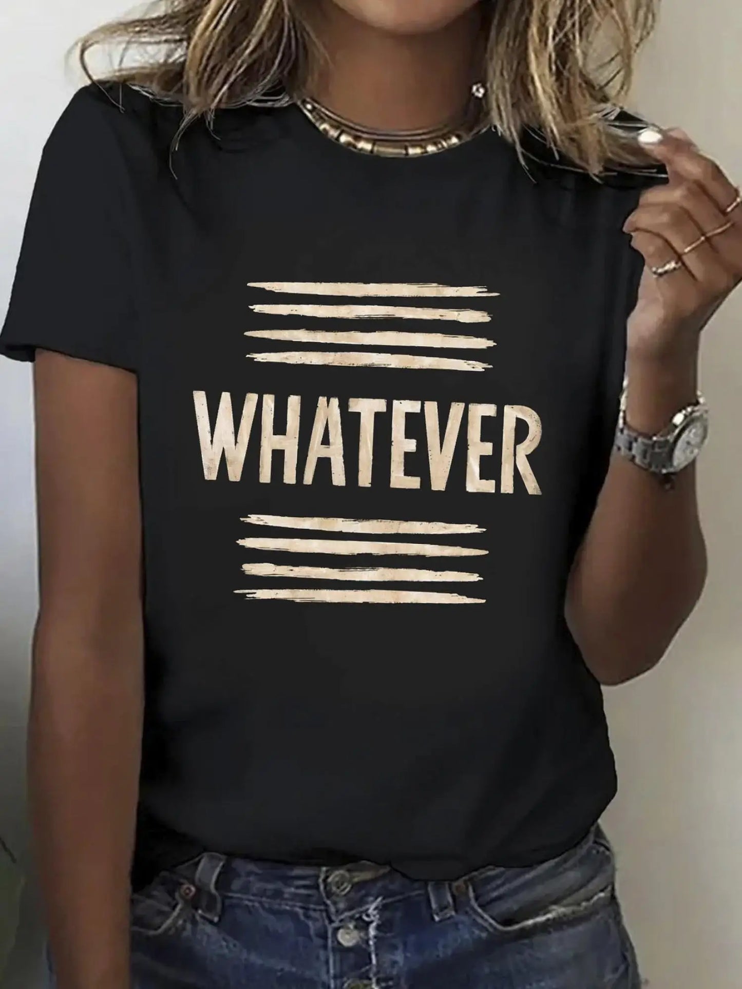 Cotton Graphic Tee 100% Cotton Women's T-Shirt Bold "WHATEVER" Print Casual Round Neck Short Sleeve Tee for Summer Casual