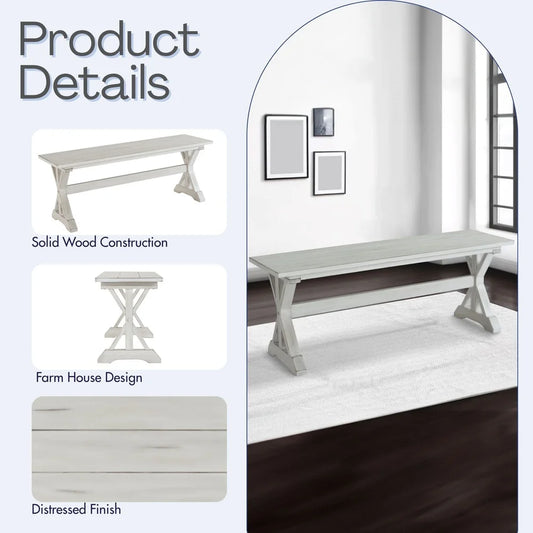 Backless Wood Dining Bench 48in Antique White Finish Indoor Seating Solution Solid Wood Frame Easy Assembly 2 Guests Capacity