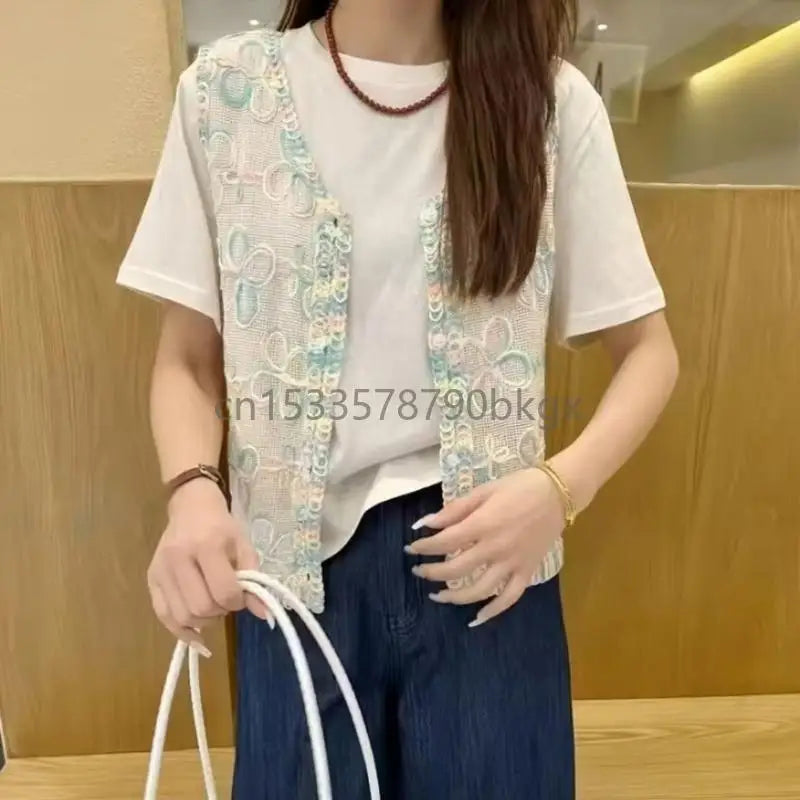 Summer Elegant Crochet Knit Flower Sleeveless Button Up Vest Cardigan for Women J78E