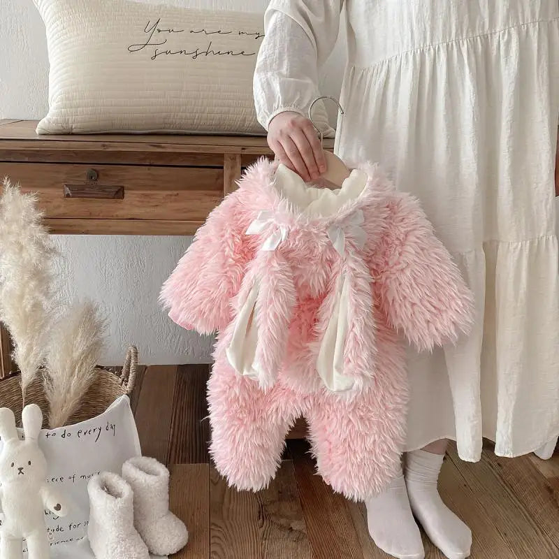 Cekcya Winter Warm Baby Cartoon Rabbit Hooded Romper Infant Girls Thick Coat Jumpsuit Newborn Clothes Soft Pajama Overalls